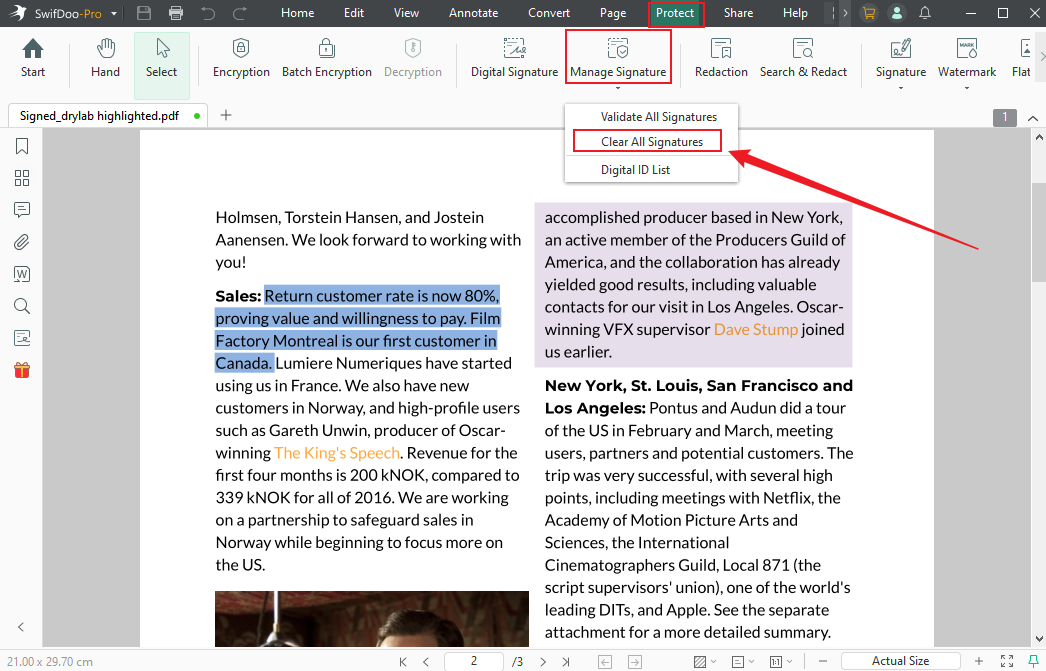 Go to Protect and select Clear All Signatures from Manage Signature in SwifDoo PDF