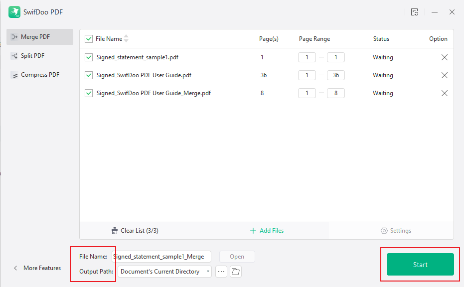 Merge the signed PDFs in SwifDoo PDF