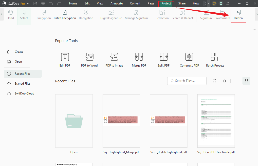 Go to Protect and choose Flatten in SwifDoo PDF