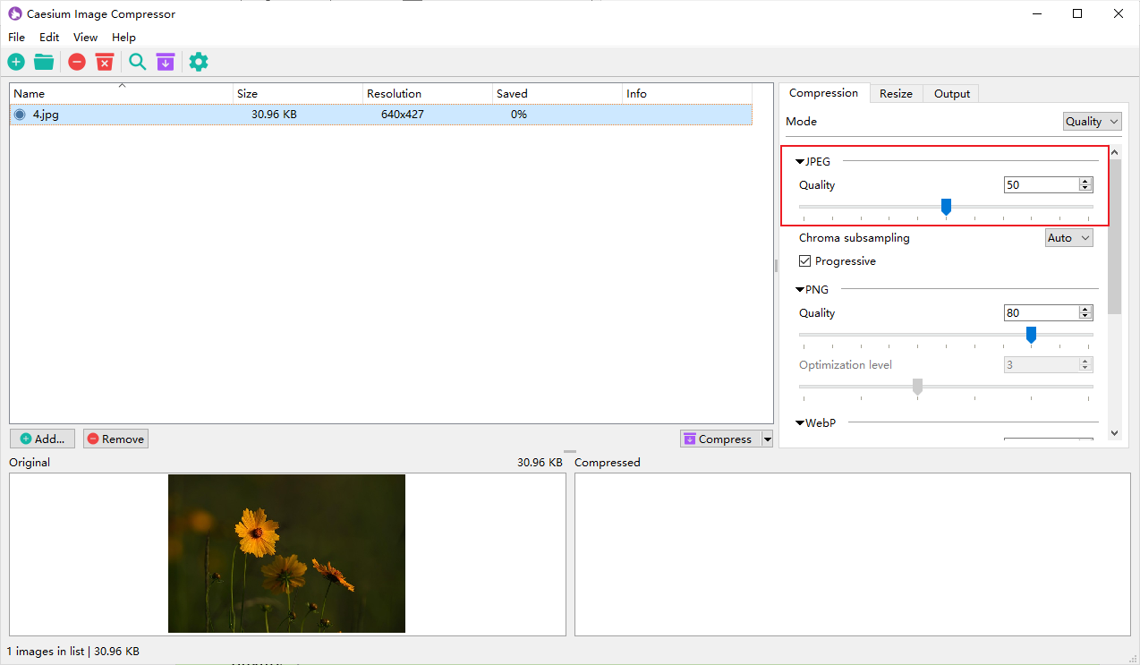 Drag the Quality slider in Caesium Image Compressor to reduce image size for Discord