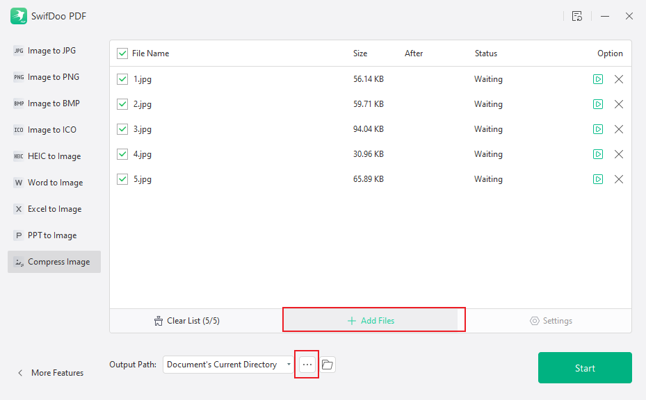 Click + Add Files to import the large Discord images and choose their saving path in SwifDoo PDF