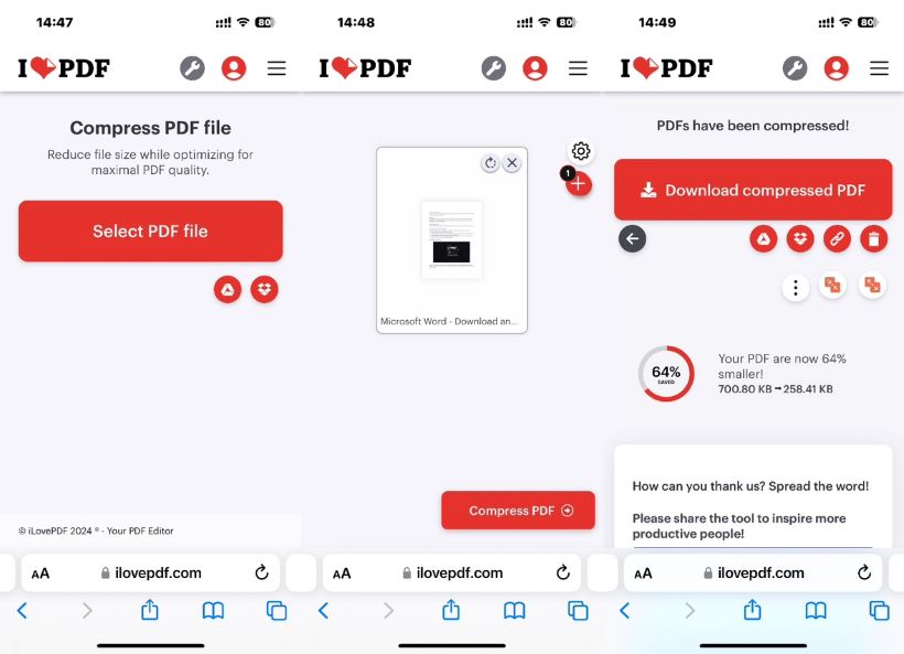Compress PDF iPhone via iLovePDF