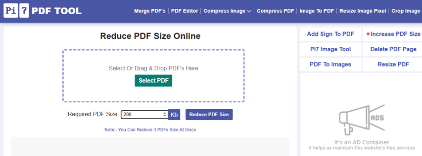 Pi7 PDF Tool Online Compressor to Compress PDF to 200KB
