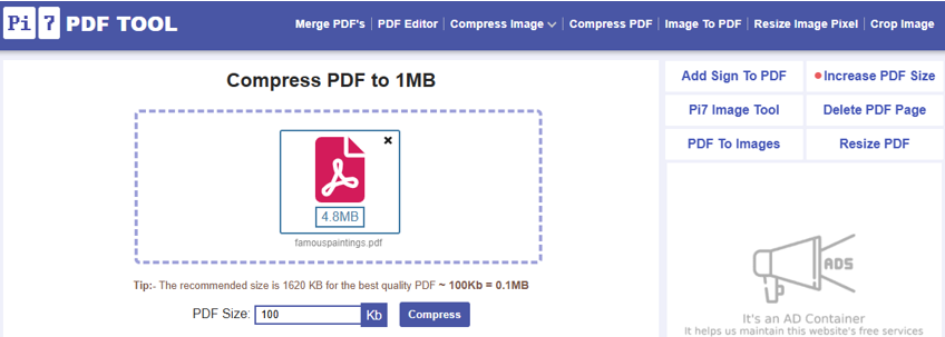 Compress PDF Online to 100KB Using Pi7 PDF Tool