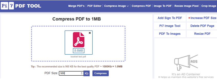 Compress PDF to 500KB for Free with Compressor Pi7 PDF Tool