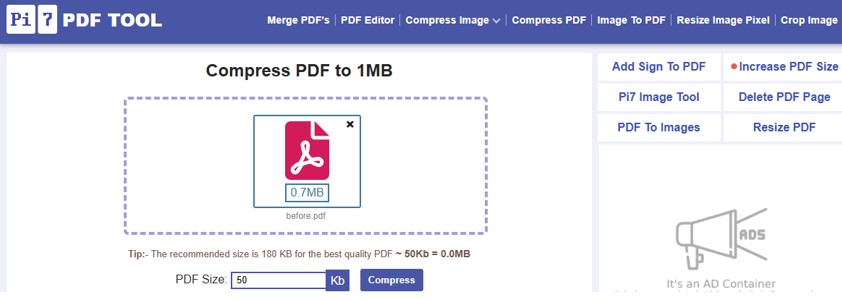 Compress PDF to 50KB Online with Pi7 PDF Tool