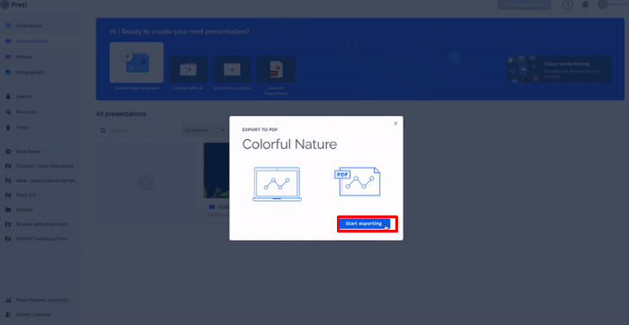 Confirm Exporting in Prezi