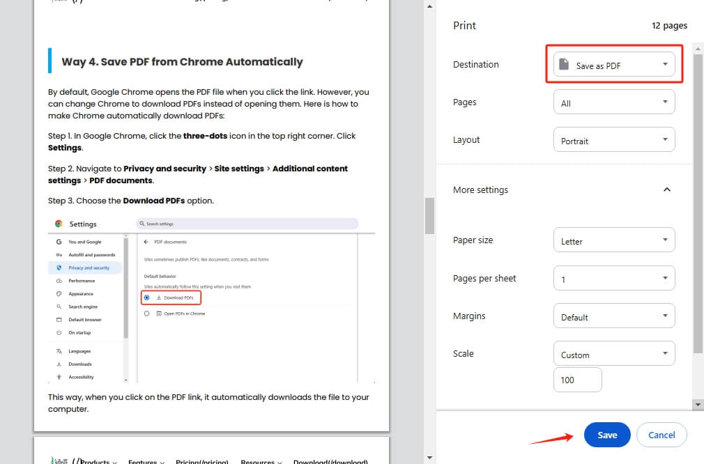 Save Chrome HTML to PDF via the Print