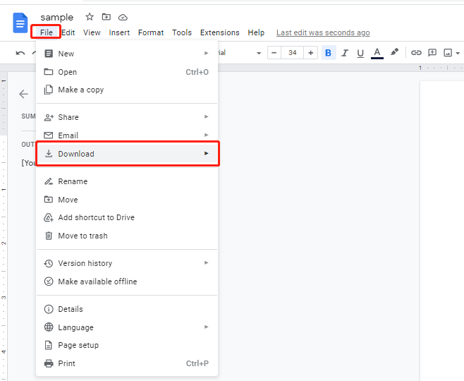 Convert DOCX to PDF with Google Docs online step 2