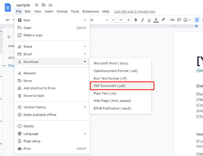 Convert DOCX to PDF with Google Docs online step 3