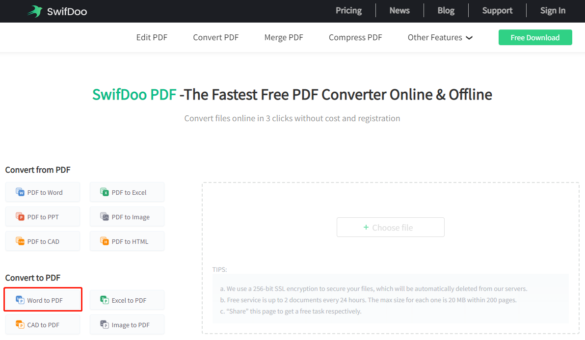 Convert DOCX to PDF with SwifDoo Online converter step 2