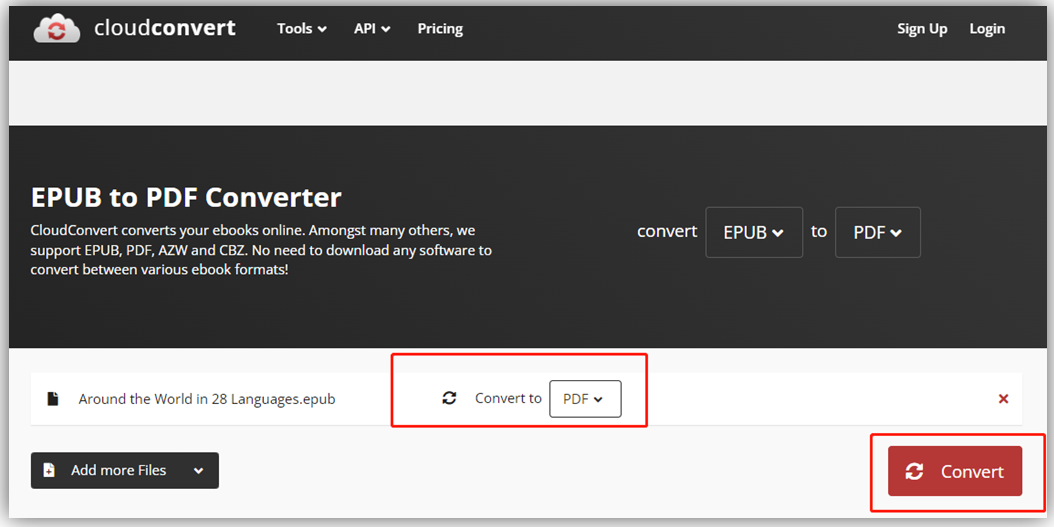 Convert EPUB to PDF with CloudConvert step 2