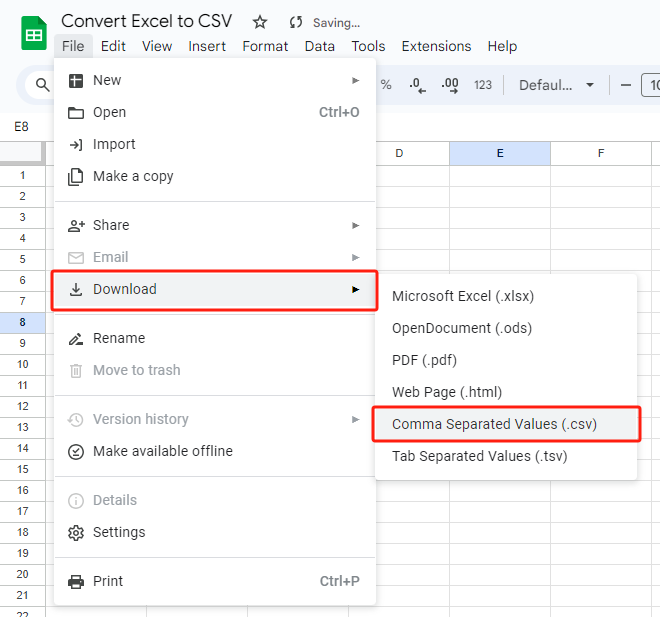 Convert Excel to CSV with Google Sheets