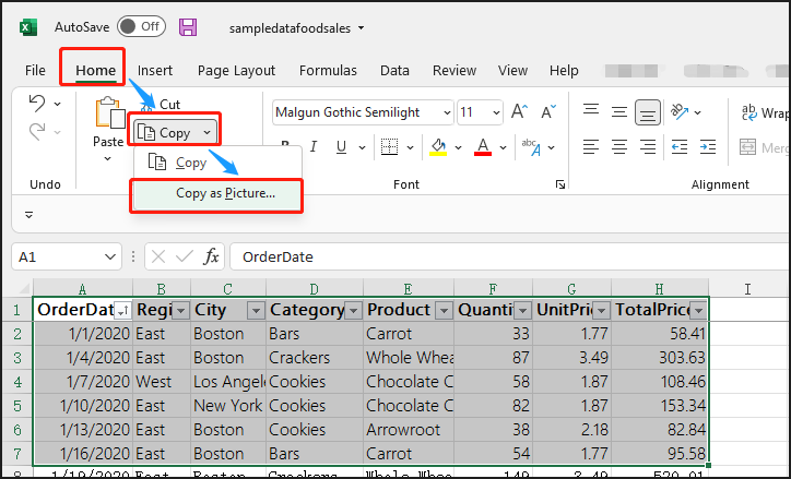 Convert Excel to JPG using Excel Copy Feature step 2