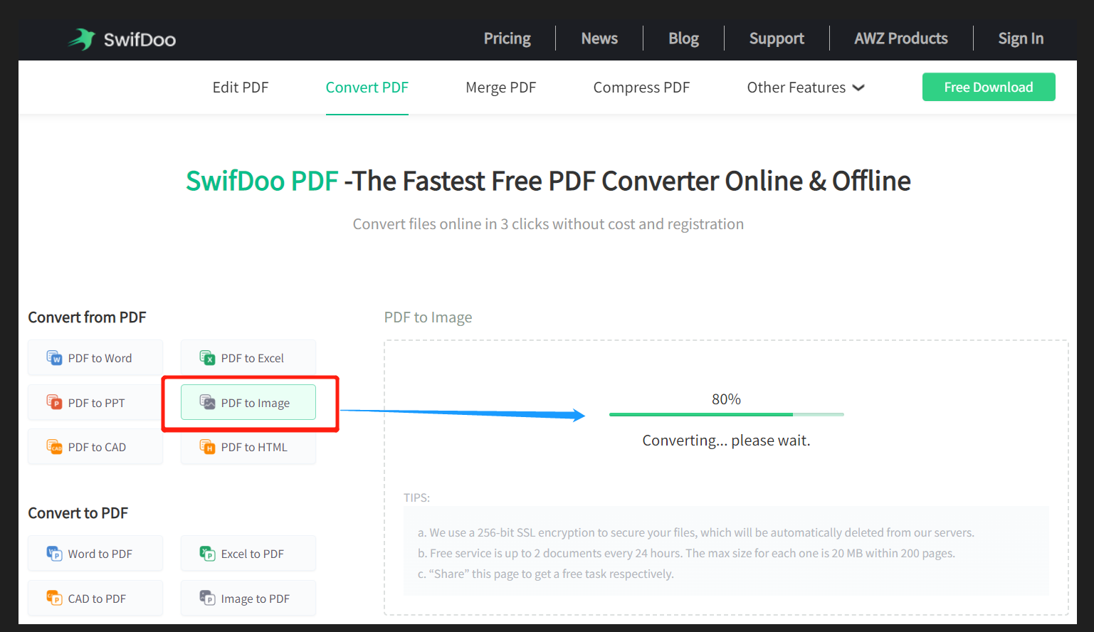 SwifDoo Online Converter convert Excel to JPG step 2