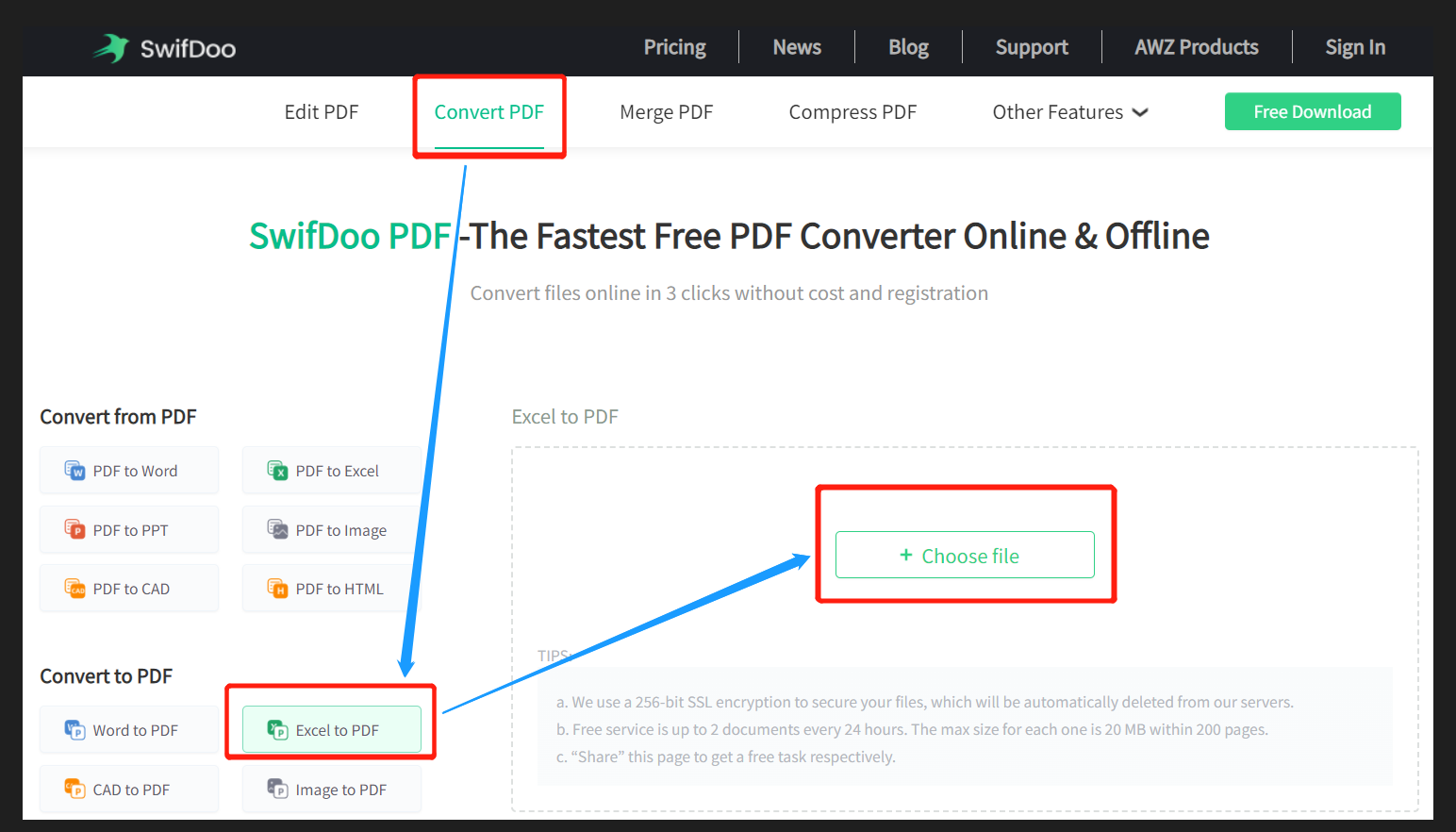 SwifDoo Online Converter convert Excel to JPG step 1