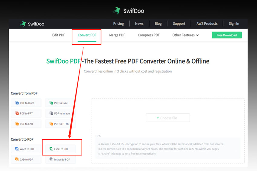 SwifDoo PDF Online Converter convert Excel to PDF step 1
