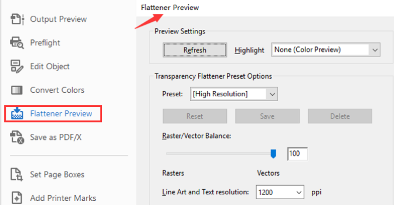 Click the Flattener Preview option in Adobe Acrobat