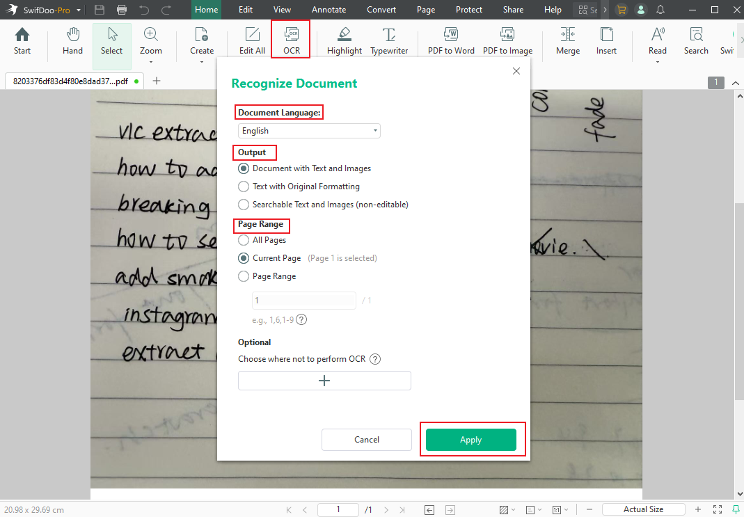 Select the document language and adjust other OCR settings in SwifDoo PDF