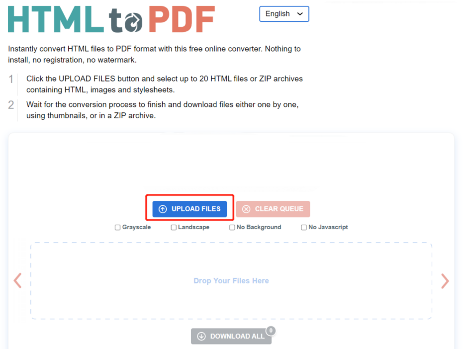 Convert HTML to PDF online with html2pdf.com step 1