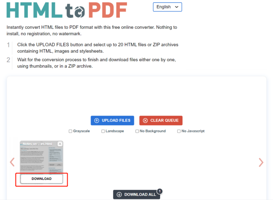 Convert HTML to PDF online with html2pdf.com step 2