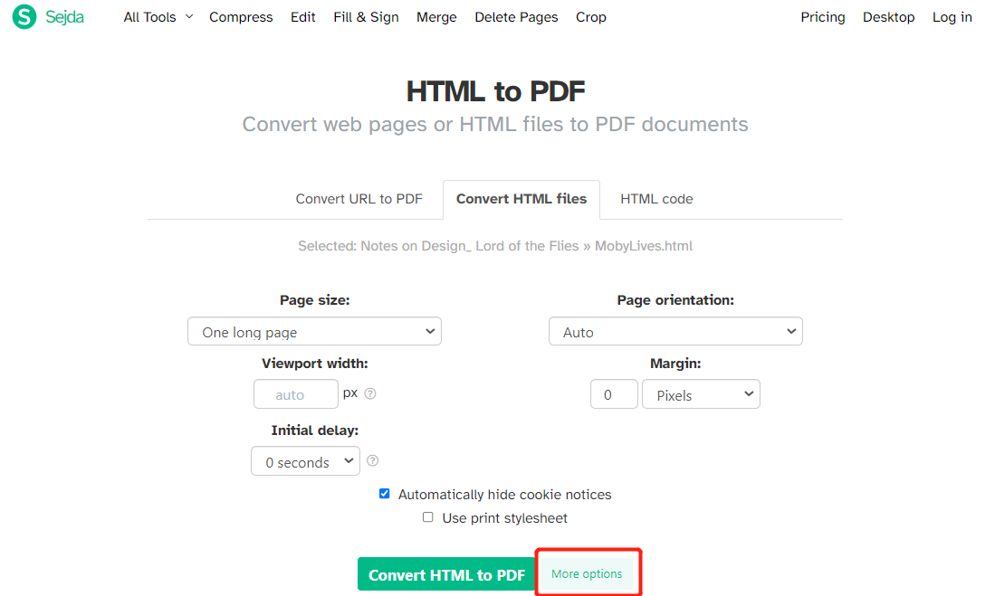 Convert HTML to PDF online with Sejda step 4