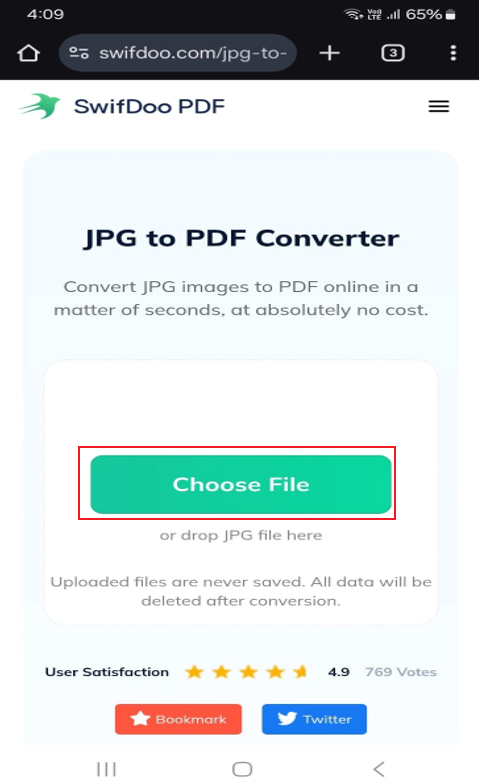 Tap the Choose File button to import your JPG image into SwifDoo PDF Online Converter
