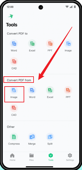 Select the Image option from the Convert PDF from section in SwifDoo PDF on Android