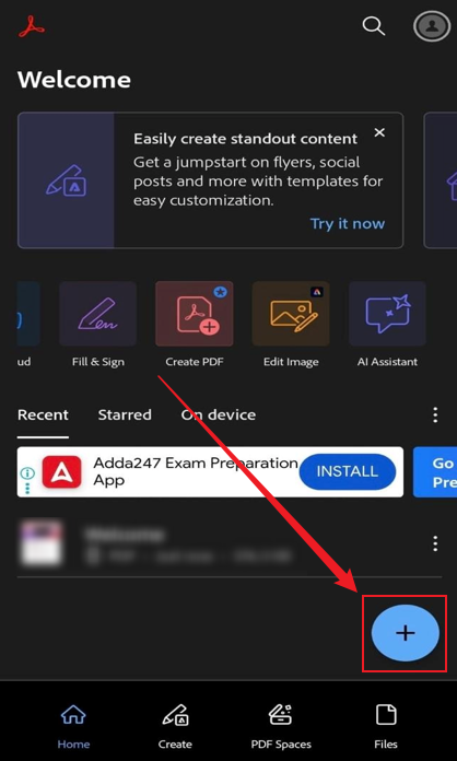 Tap the plus icon and select the Create PDF option in Adobe Acrobat Reader