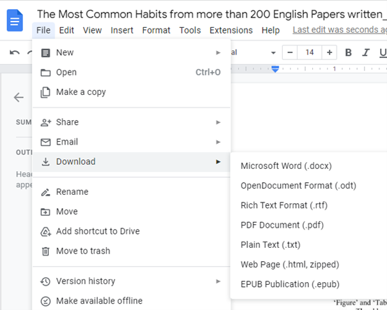 Click File to find Download and select the Microsoft Word (.docx) option in Google Docs