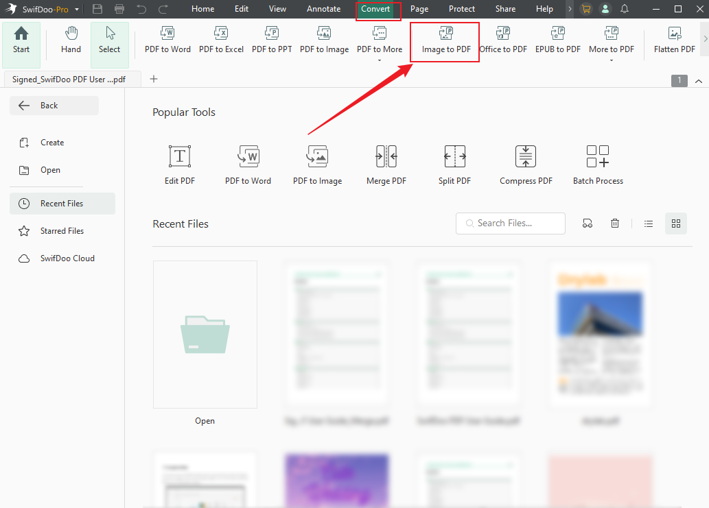 Go to Convert and select the Image to PDF option in SwifDoo PDF