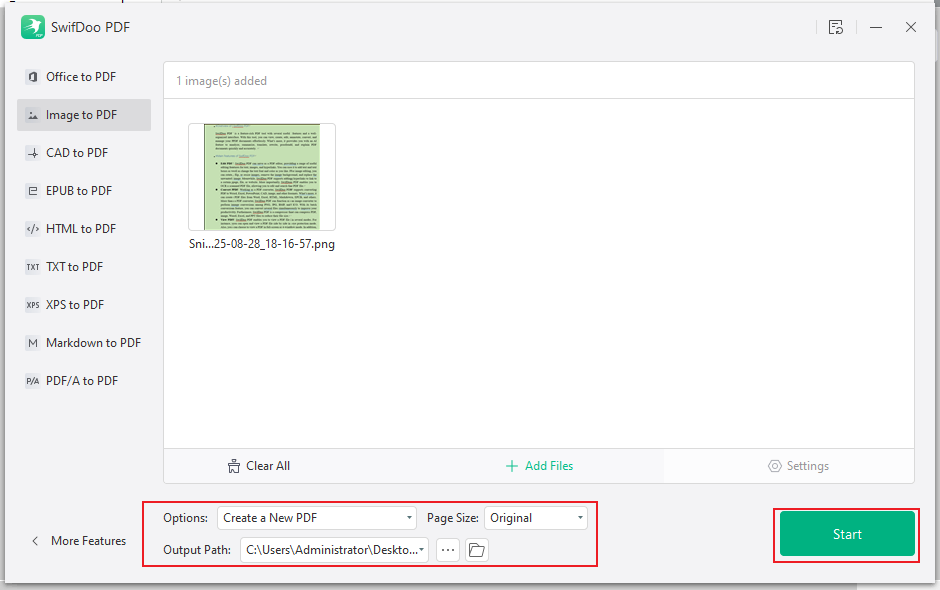 Import the target image file to customize the output settings and click Start in SwifDoo PDF