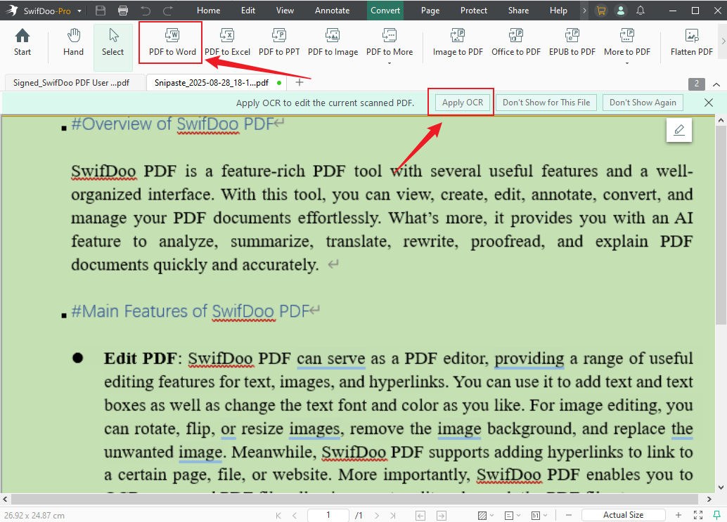 Apply OCR to the PDF and click the PDF to Word option in SwifDoo PDF