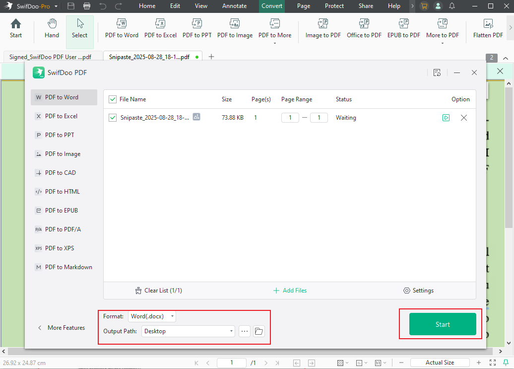 Choose a specific Word format and click Start in SwifDoo PDF