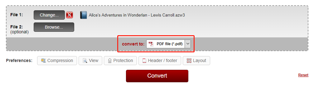 Convert Kindle to PDF using Online2PDF step 2