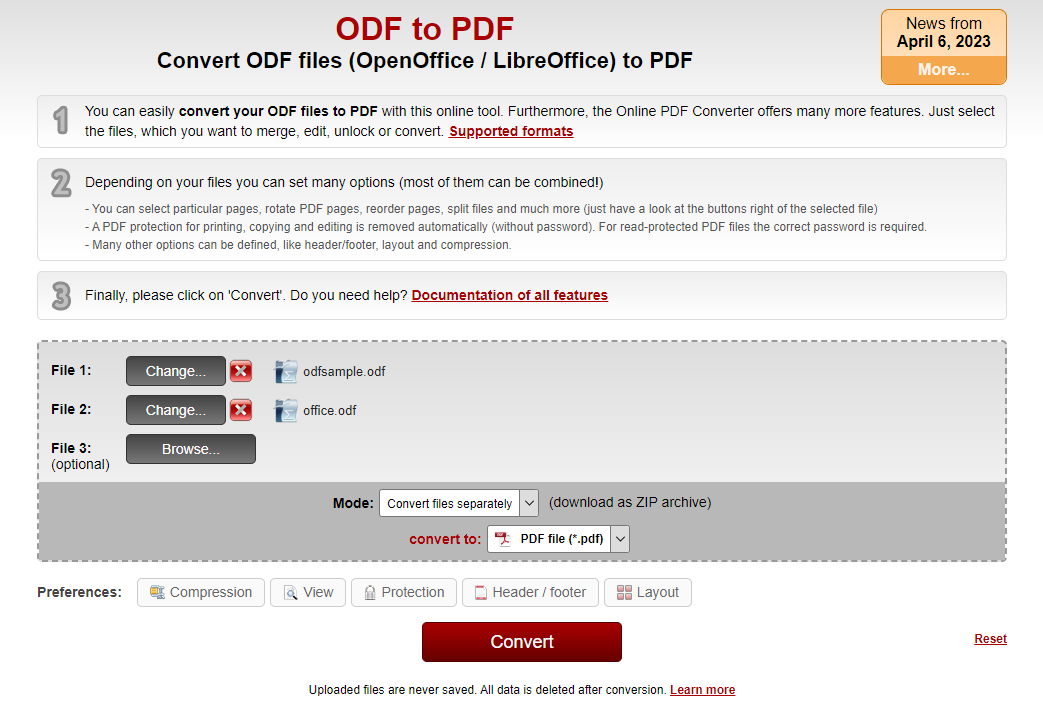 Convert ODF to PDF Online