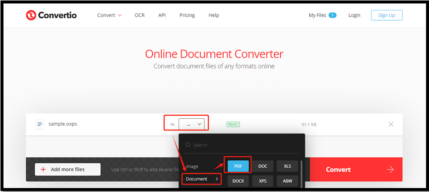 convert OXPS to PDF with Convertio 1