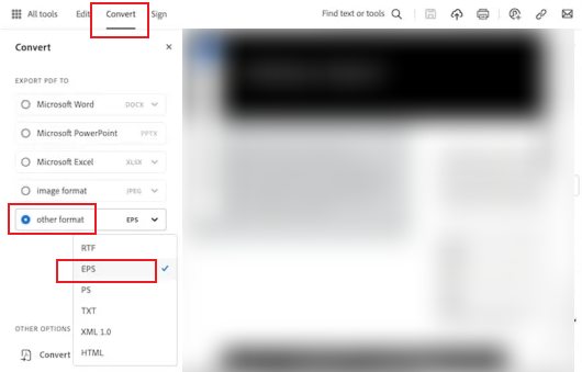 Open Other format list and choose EPS in Adobe Acrobat Pro