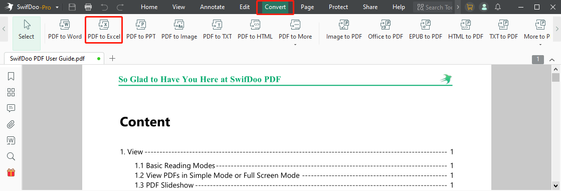 Convert PDF to Excel offline with SwifDoo PDF step 2