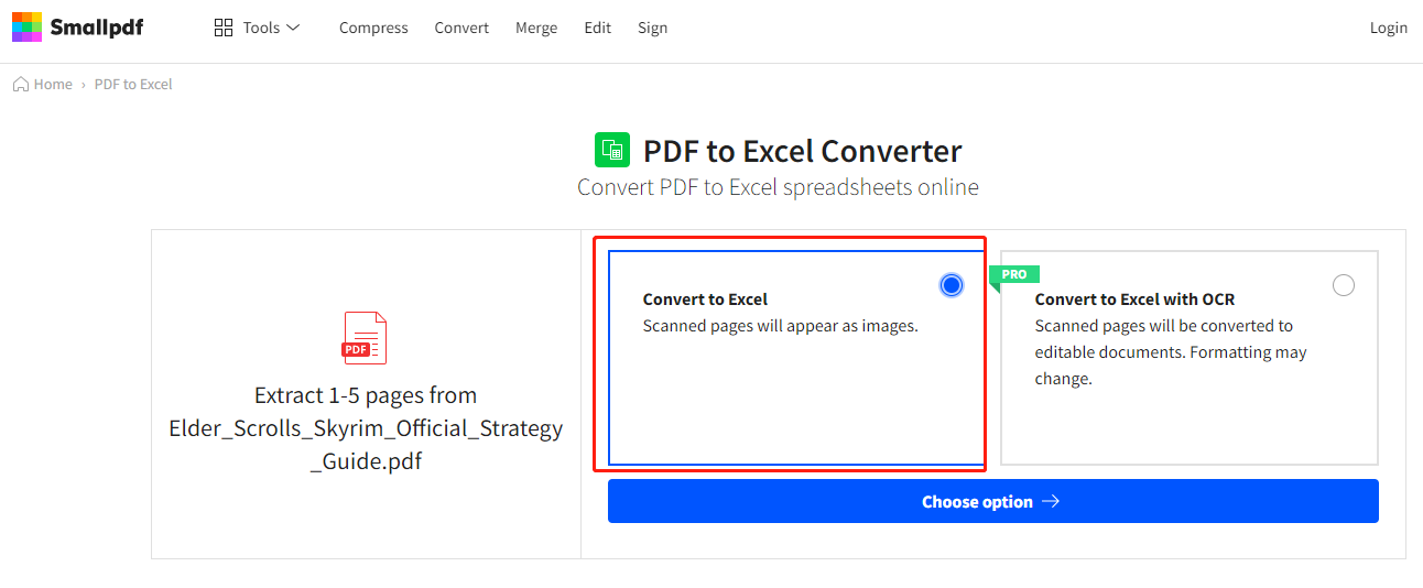 Convert PDF to Excel online using Smallpdf in Google Drive