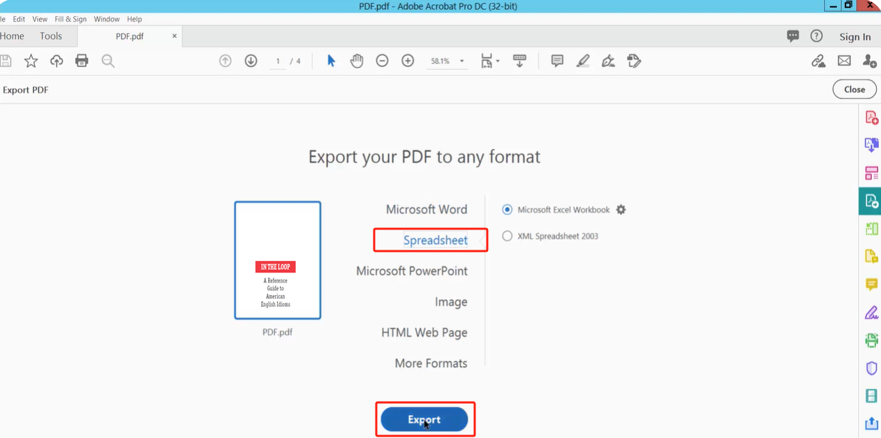 Convert PDF to Excel with Adobe Acrobat step 3