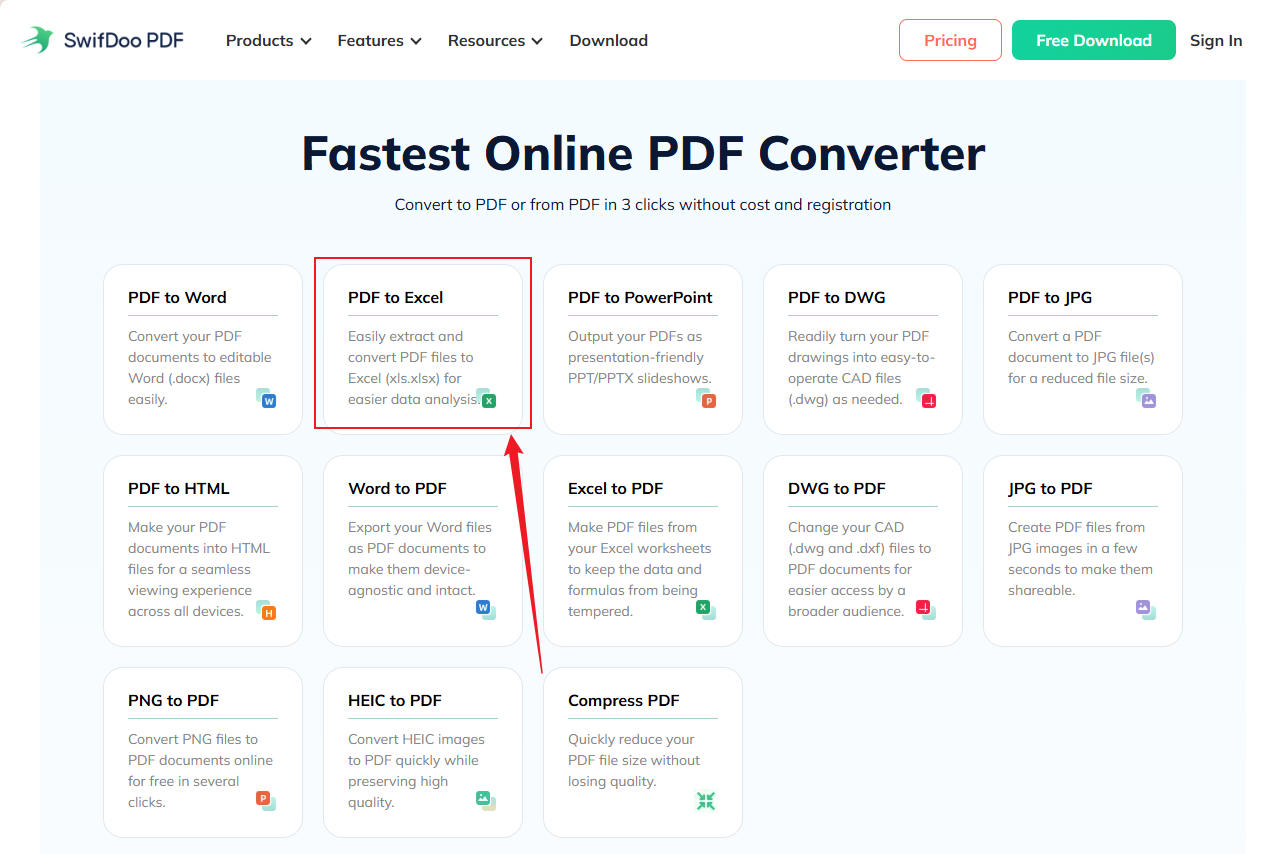 Click the PDF to Excel option in SwifDoo PDF Online Converter
