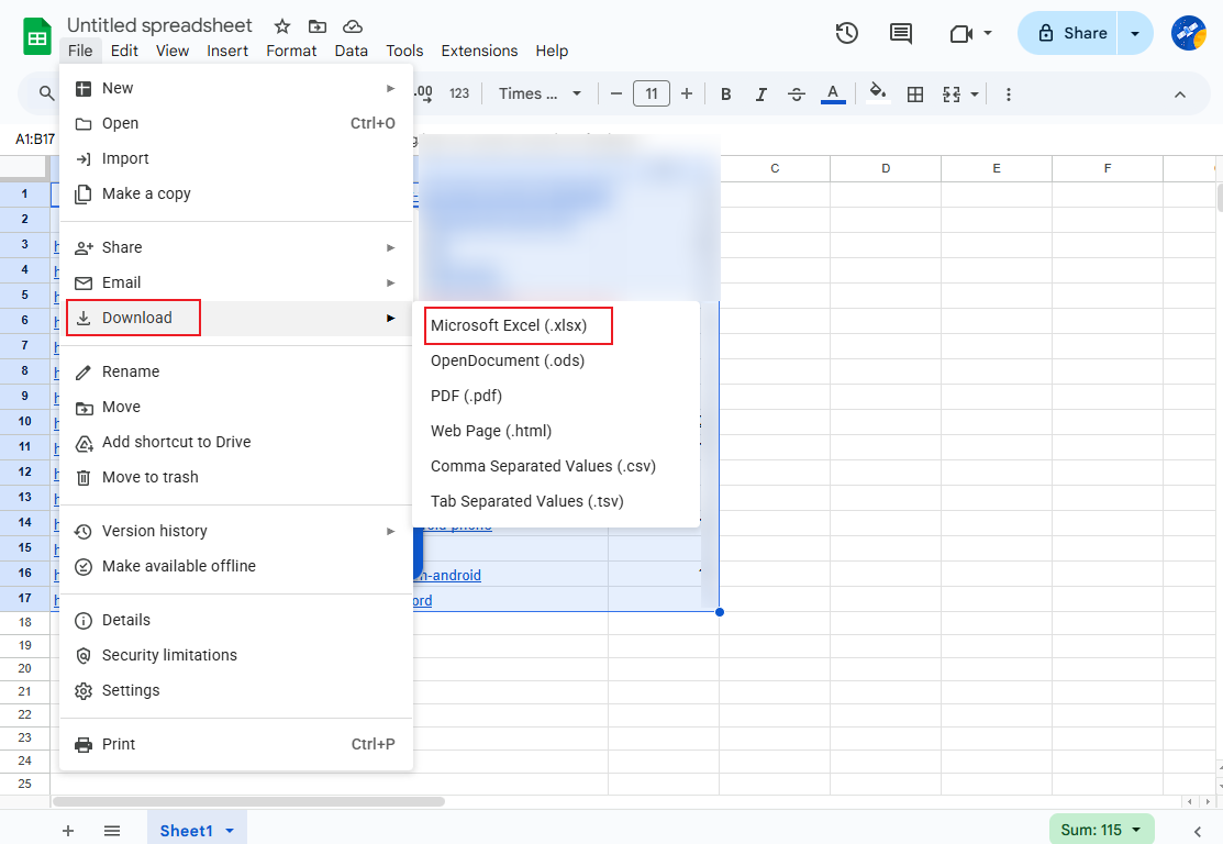 Click File and select the Microsoft Excel (.xlsx) option from Download in Google Sheets