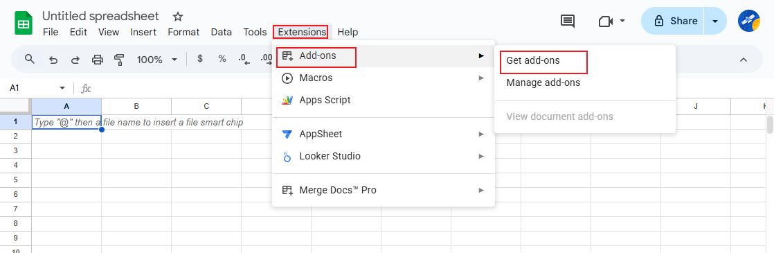Click Extensions and select Get add-ons from the Add-ons list in Google Sheets