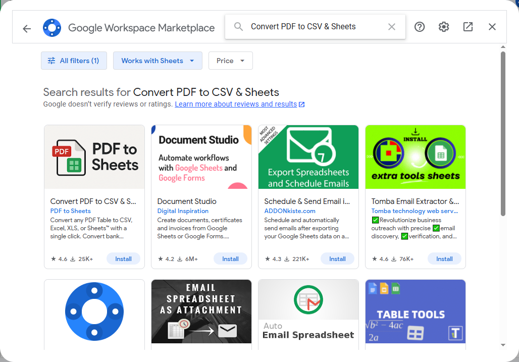 Search for PDF to Sheet in the search box of Google Workspace Marketplace