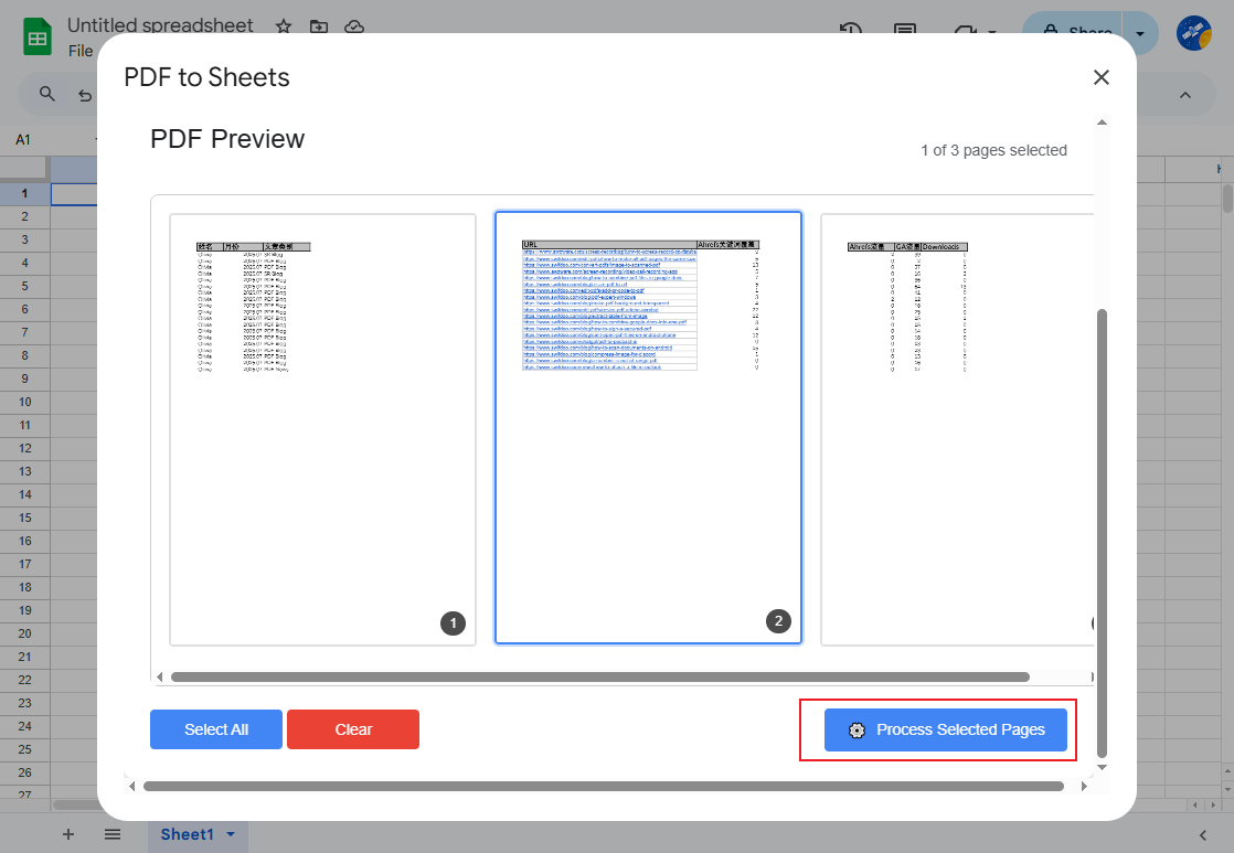 Select the PDF page you want to process and click the Process Selected Pages button in the add-on of Google Sheets