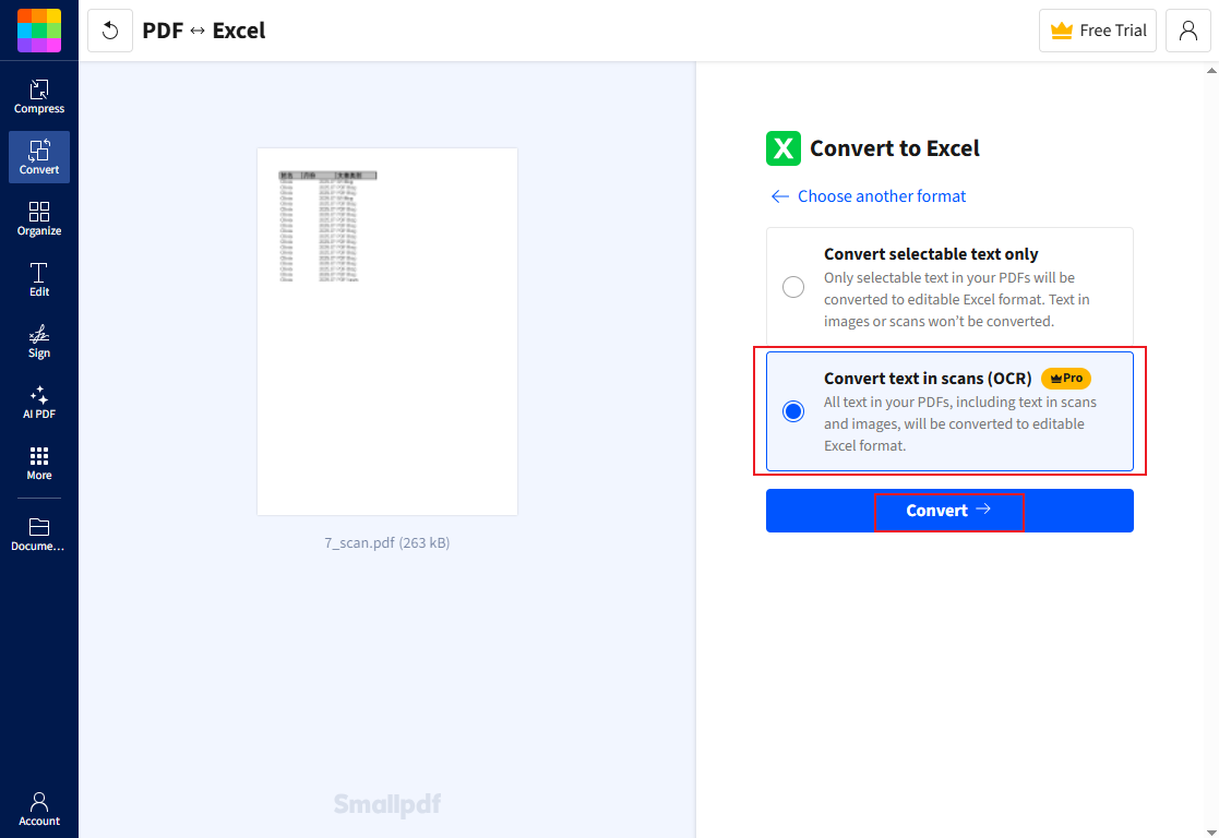 Select the Convert text in scans (OCR) option in Smallpdf