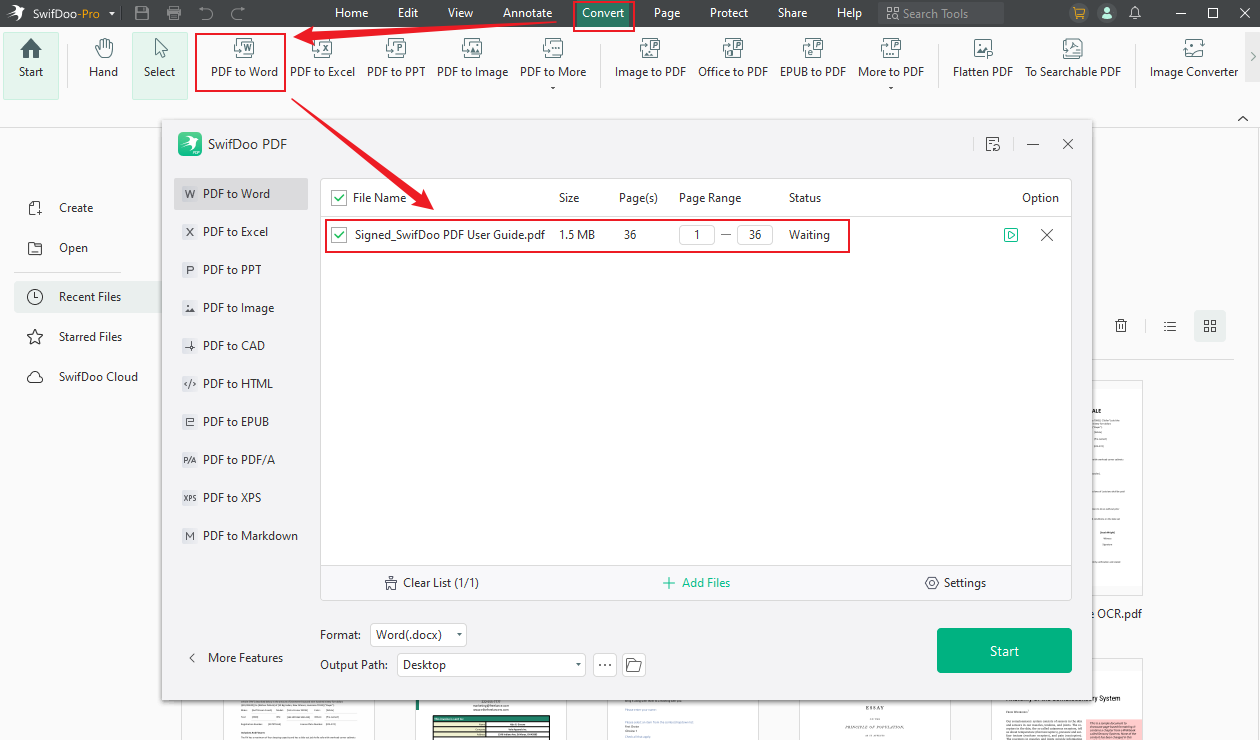 Choose the PDF to Word option under the Convert tab and upload the target PDF file in SwifDoo PDF