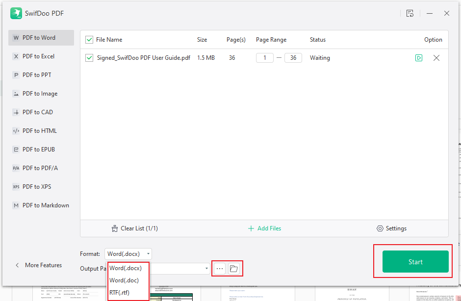 Select the target Word format and choose a saving folder for the converted Word file in SwifDoo PDF