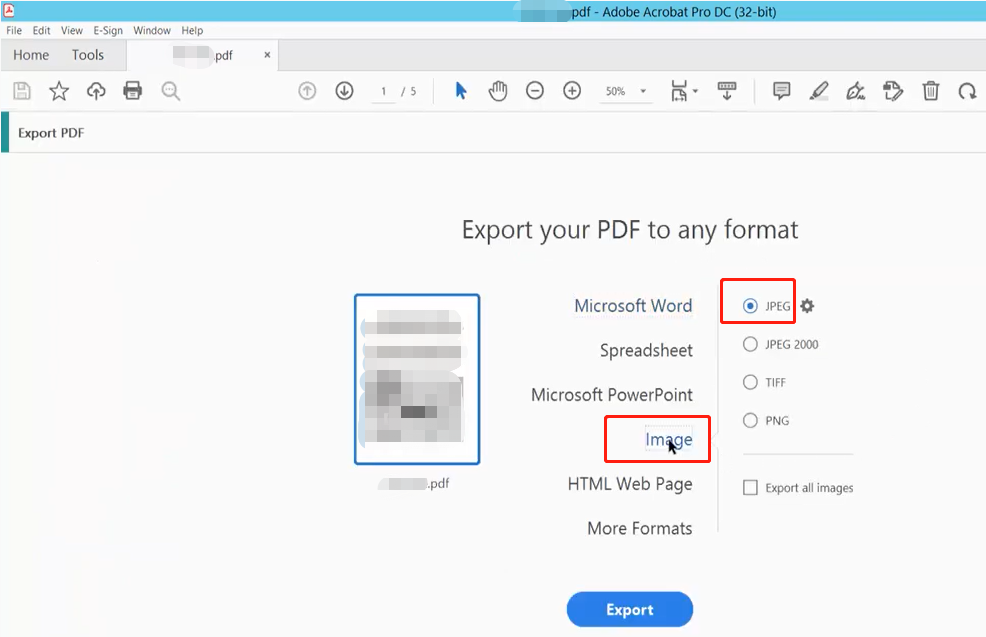 Convert PDF to JPEG with Adobe Acrobat Pro DC step 3